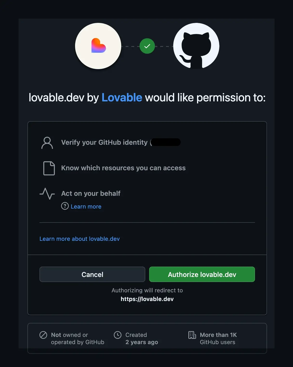 GitHub authorization screen for Lovable