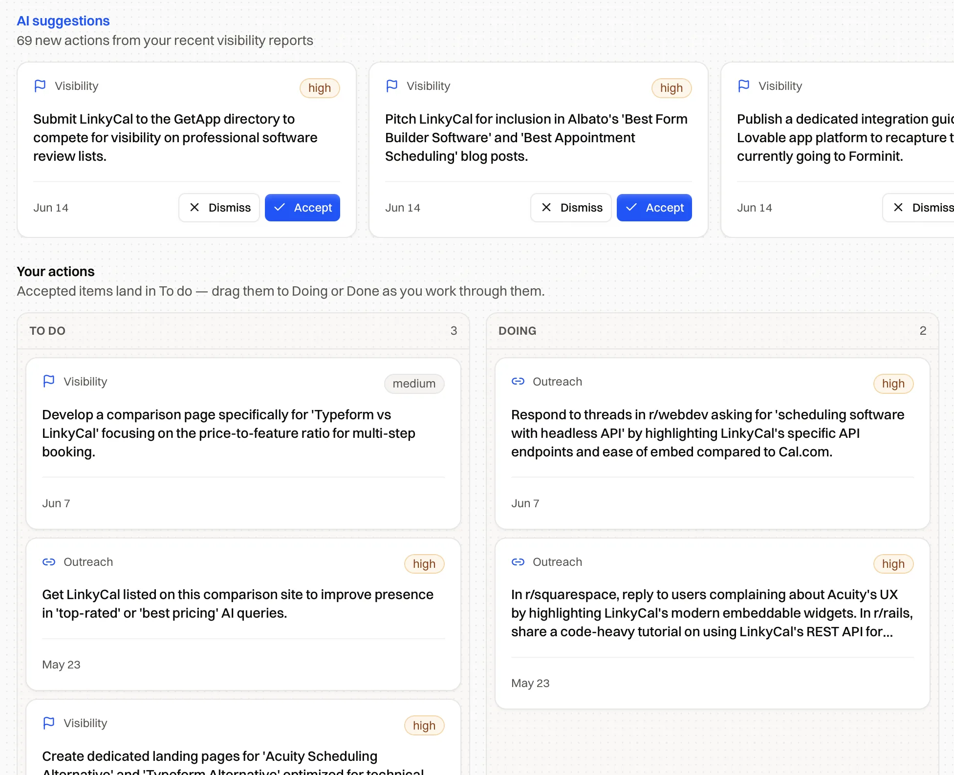 Prioritized AI-visibility action items on an outreach board