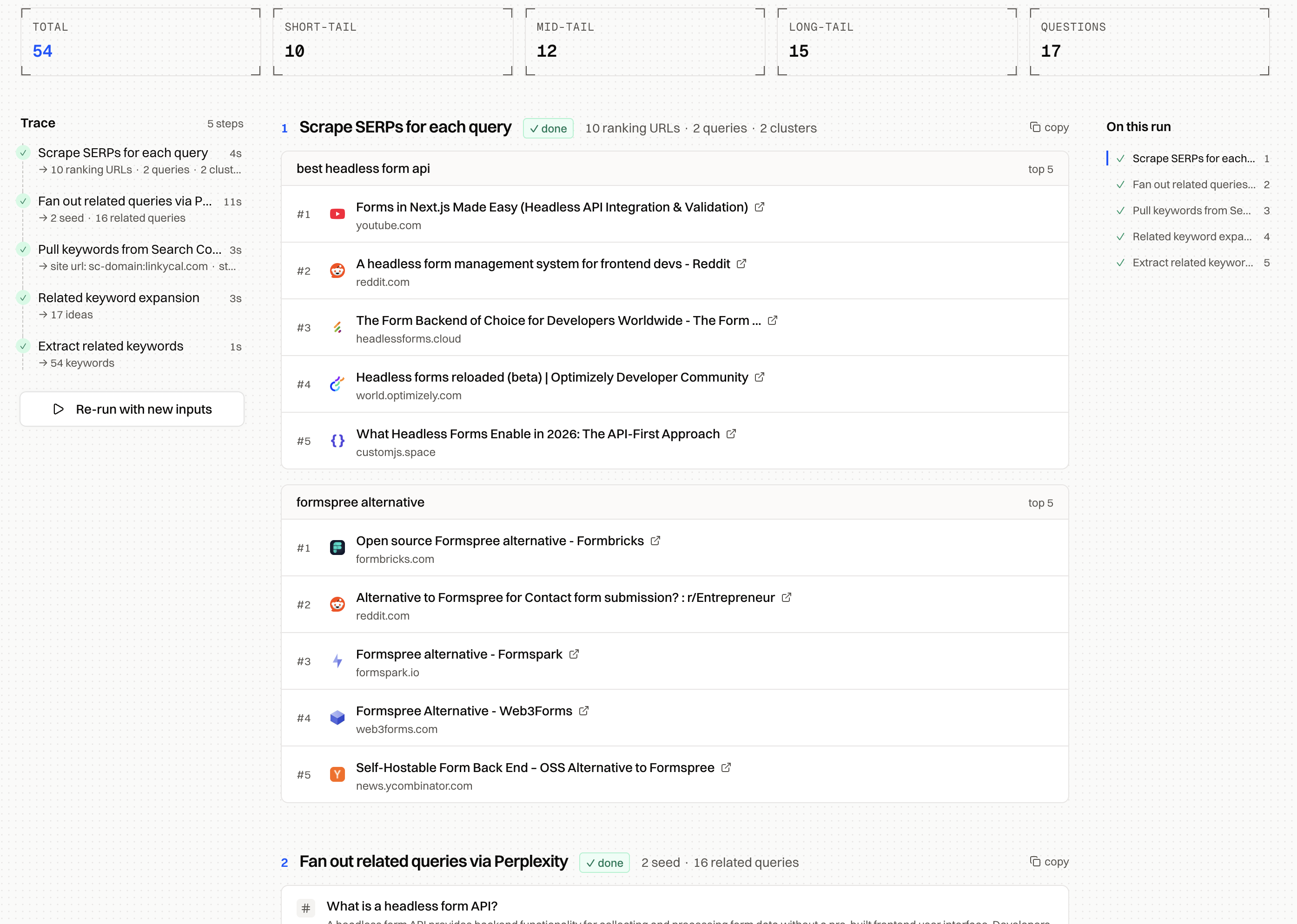 Content agent run scraping SERPs across queries with ranking URLs and short, mid, long-tail and question counts