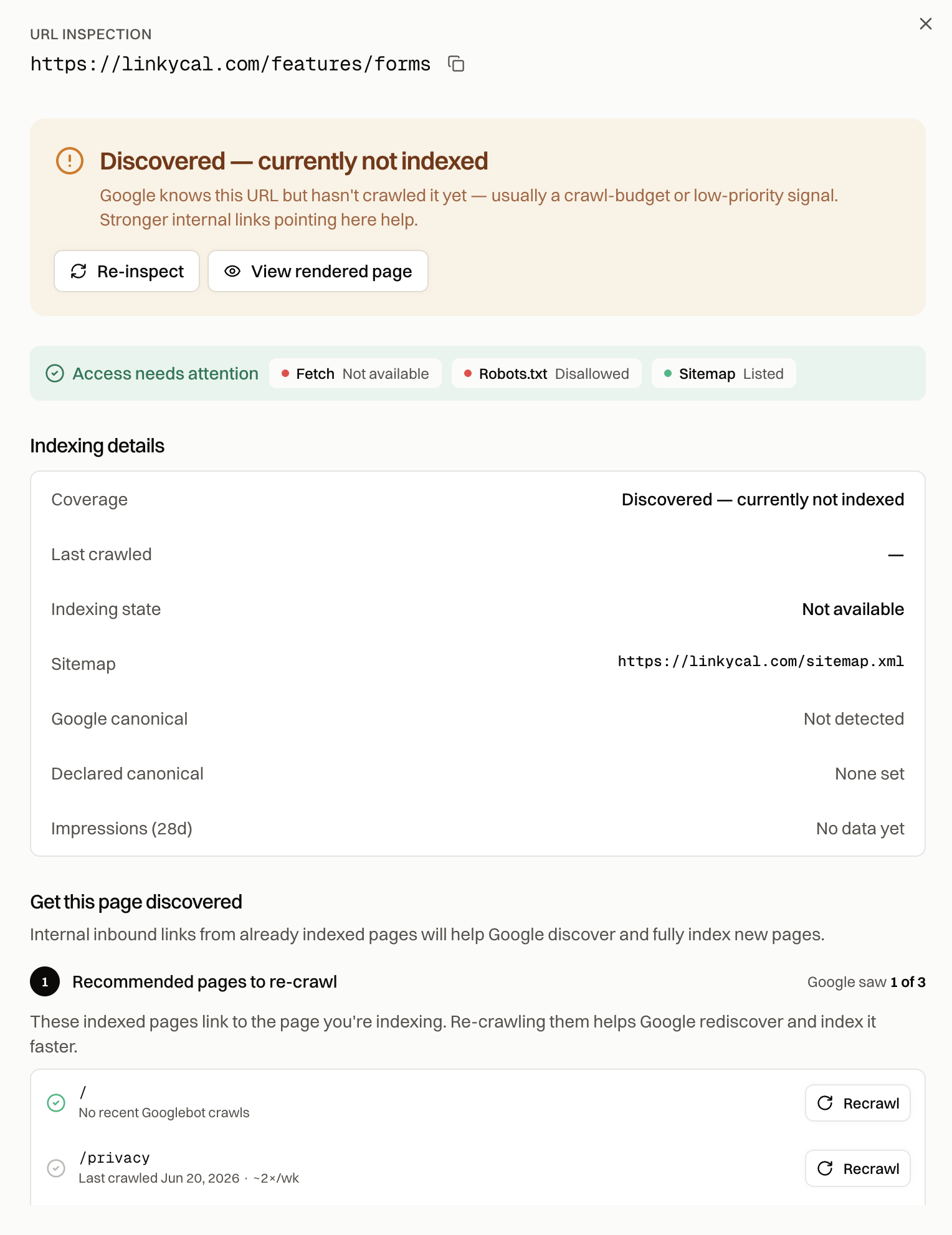 URL inspection showing discovered but not indexed coverage, indexing details and indexed pages recommended to re-crawl
