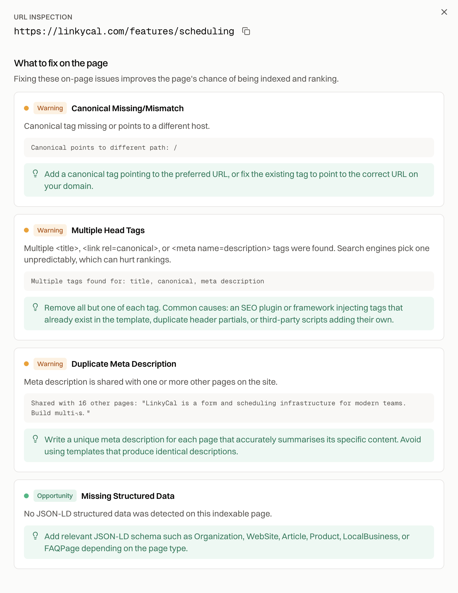 Indexing audit details showing page issues and recommended fixes